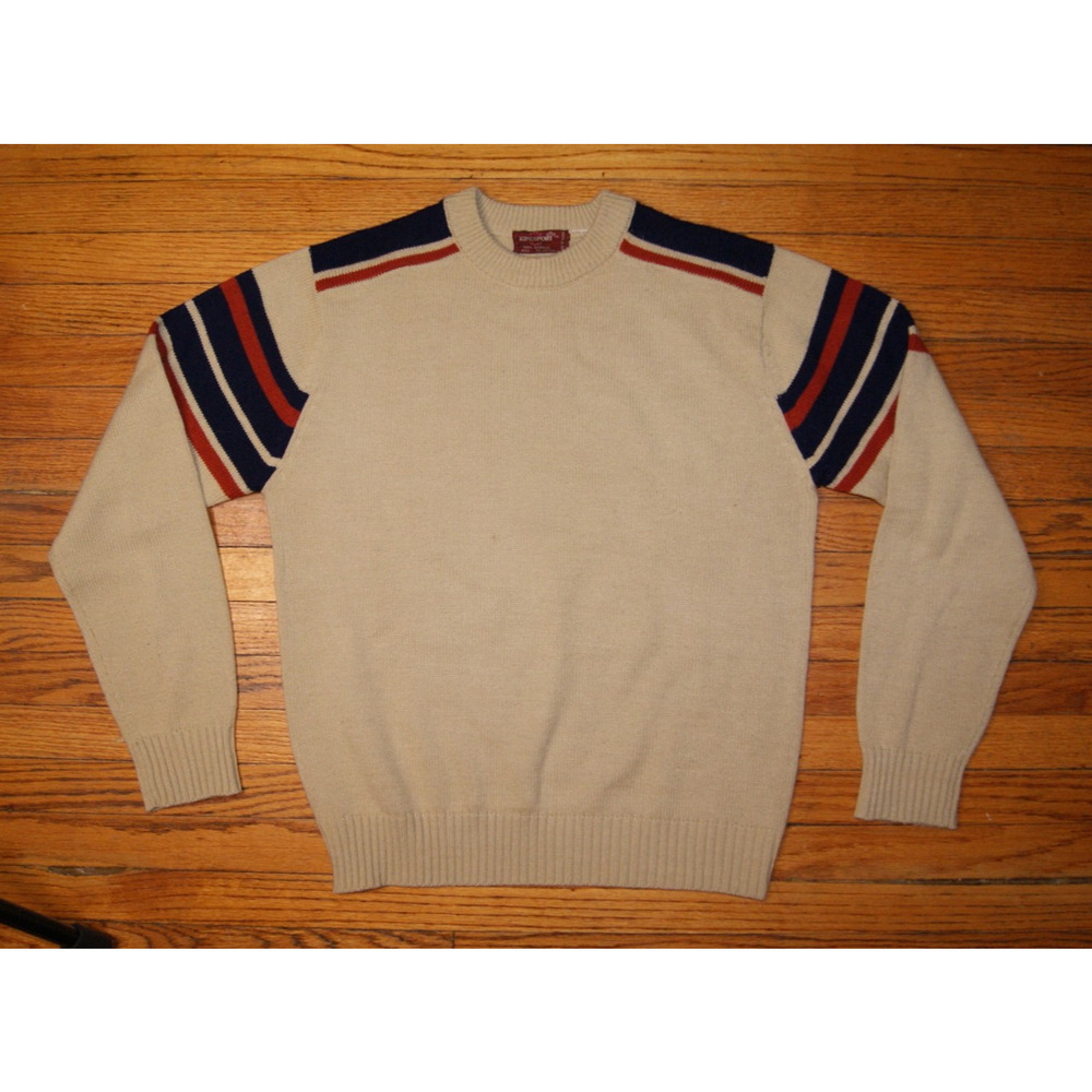 Vintage 70s Kingsport Mens L Sweater Tan with Blue Brown Stripes Arm Shoulder